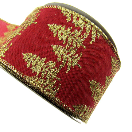 Wired Red Hessian Christmas Ribbon Gold Lurex Edge & Glitter Trees x 2m - 46062