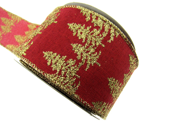 Wired Red Hessian Christmas Ribbon Gold Lurex Edge & Glitter Trees x 2m - 46062