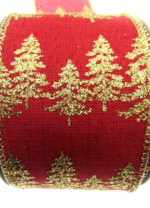 Wired Red Hessian Christmas Ribbon Gold Lurex Edge & Glitter Trees x 2m - 46062
