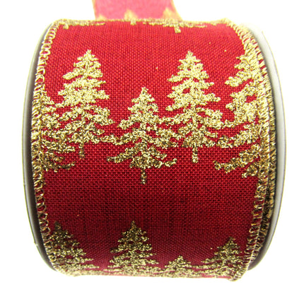 Wired Red Hessian Christmas Ribbon Gold Lurex Edge & Glitter Trees x 2m - 46062