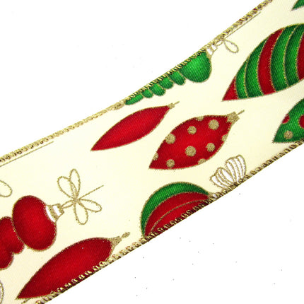 Wired Christmas Ribbon with Gold Sparkly Glittered Baubles - 2 Widths x2m- 46056 - ThreadandTrimmings