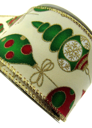 Wired Christmas Ribbon with Gold Sparkly Glittered Baubles - 2 Widths x2m- 46056 - ThreadandTrimmings