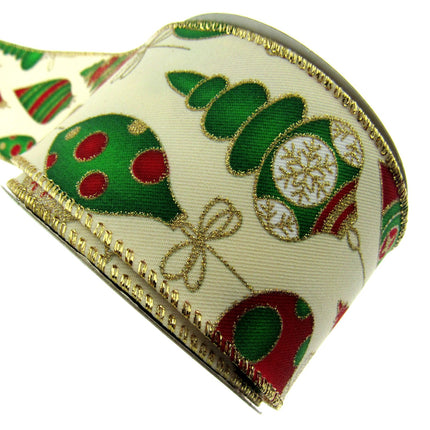 Wired Christmas Ribbon with Gold Sparkly Glittered Baubles - 2 Widths x2m- 46056 - ThreadandTrimmings