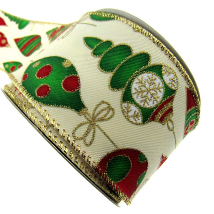 Wired Christmas Ribbon with Gold Sparkly Glittered Baubles - 2 Widths x2m- 46056 - ThreadandTrimmings