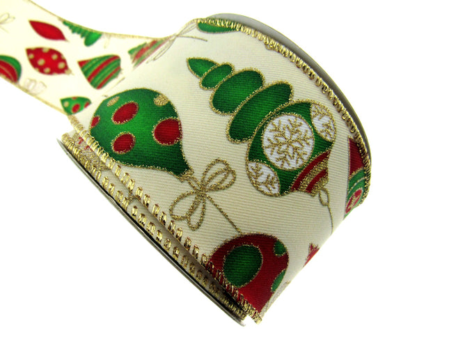 Wired Christmas Ribbon with Gold Sparkly Glittered Baubles - 2 Widths x2m- 46056 - ThreadandTrimmings