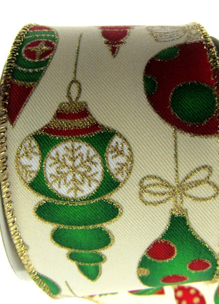 Wired Christmas Ribbon with Gold Sparkly Glittered Baubles - 2 Widths x2m- 46056 - ThreadandTrimmings