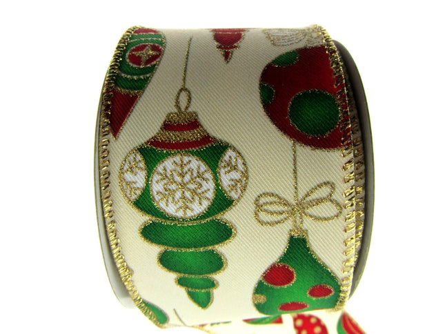 Wired Christmas Ribbon with Gold Sparkly Glittered Baubles - 2 Widths x2m- 46056 - ThreadandTrimmings