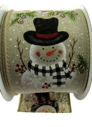 Wired Ivory Jute Christmas Ribbon with Jolly Snowman & Pine Trees & Cones 46061