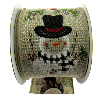 Wired Ivory Jute Christmas Ribbon with Jolly Snowman & Pine Trees & Cones 46061