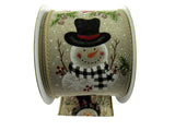 Wired Ivory Jute Christmas Ribbon with Jolly Snowman & Pine Trees & Cones 46061