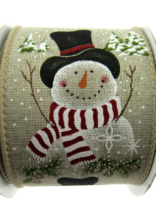 Wired Ivory Jute Christmas Ribbon with Jolly Snowman & Pine Trees & Cones 46061