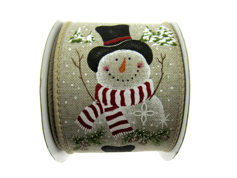 Wired Ivory Jute Christmas Ribbon with Jolly Snowman & Pine Trees & Cones 46061