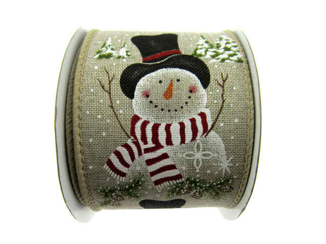 Wired Ivory Jute Christmas Ribbon with Jolly Snowman & Pine Trees & Cones 46061