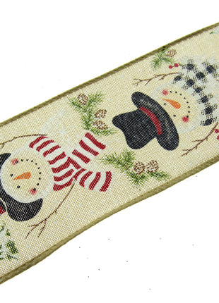 Wired Ivory Jute Christmas Ribbon with Jolly Snowman & Pine Trees & Cones 46061