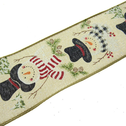 Wired Ivory Jute Christmas Ribbon with Jolly Snowman & Pine Trees & Cones 46061