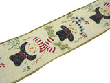 Wired Ivory Jute Christmas Ribbon with Jolly Snowman & Pine Trees & Cones 46061