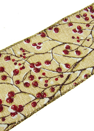 Wired Lurex Edge Christmas Ribbon with Snow Covered Holly Berries x 2m - 46039
