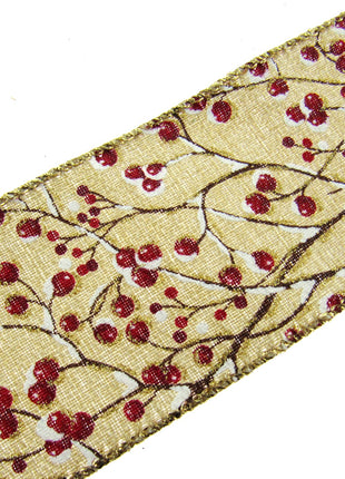 Wired Lurex Edge Christmas Ribbon with Snow Covered Holly Berries x 2m - 46039