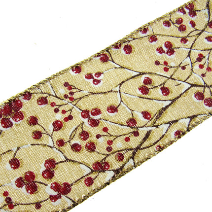 Wired Lurex Edge Christmas Ribbon with Snow Covered Holly Berries x 2m - 46039
