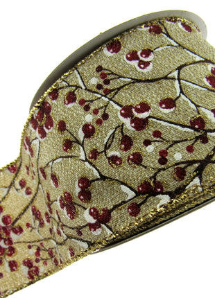 Wired Lurex Edge Christmas Ribbon with Snow Covered Holly Berries x 2m - 46039