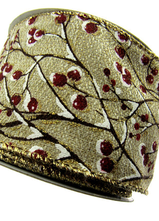 Wired Lurex Edge Christmas Ribbon with Snow Covered Holly Berries x 2m - 46039