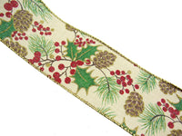 Wired Burlap Christmas Ribbon with Holly, Berries & Gold Lurex Edge x 2m - 46041