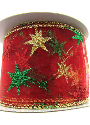 Red Wired Lurex Edge Sheer Christmas Ribbon with Shooting Stars -2m - 46057
