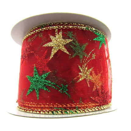 Red Wired Lurex Edge Sheer Christmas Ribbon with Shooting Stars -2m - 46057