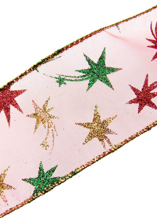 Red Wired Lurex Edge Sheer Christmas Ribbon with Shooting Stars -2m - 46057