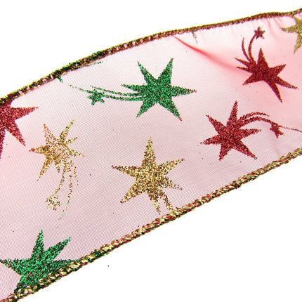 Red Wired Lurex Edge Sheer Christmas Ribbon with Shooting Stars -2m - 46057