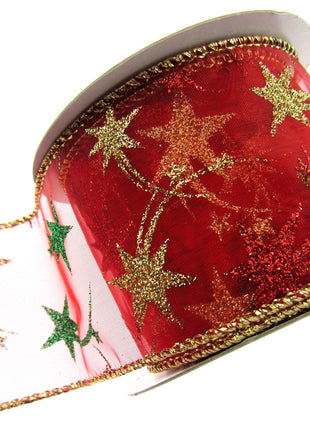 Red Wired Lurex Edge Sheer Christmas Ribbon with Shooting Stars -2m - 46057