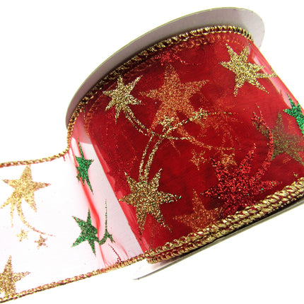 Red Wired Lurex Edge Sheer Christmas Ribbon with Shooting Stars -2m - 46057
