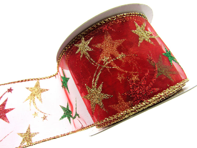 Red Wired Lurex Edge Sheer Christmas Ribbon with Shooting Stars -2m - 46057