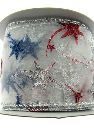 White Wired Lurex Edge Sheer Christmas Ribbon with Shooting Stars - 2m - 46057