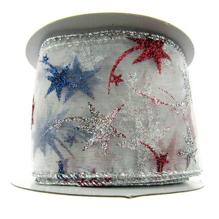 White Wired Lurex Edge Sheer Christmas Ribbon with Shooting Stars - 2m - 46057