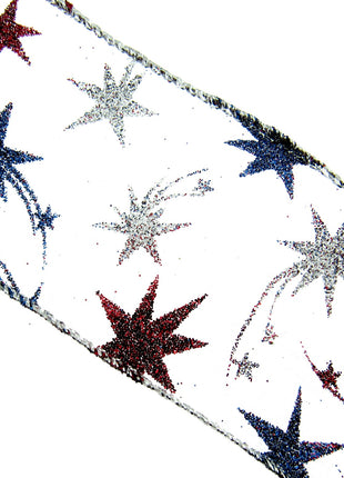 White Wired Lurex Edge Sheer Christmas Ribbon with Shooting Stars - 2m - 46057