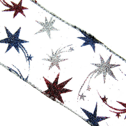 White Wired Lurex Edge Sheer Christmas Ribbon with Shooting Stars - 2m - 46057