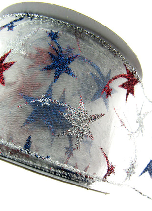 White Wired Lurex Edge Sheer Christmas Ribbon with Shooting Stars - 2m - 46057