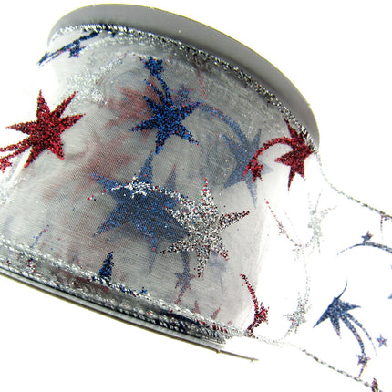 White Wired Lurex Edge Sheer Christmas Ribbon with Shooting Stars - 2m - 46057