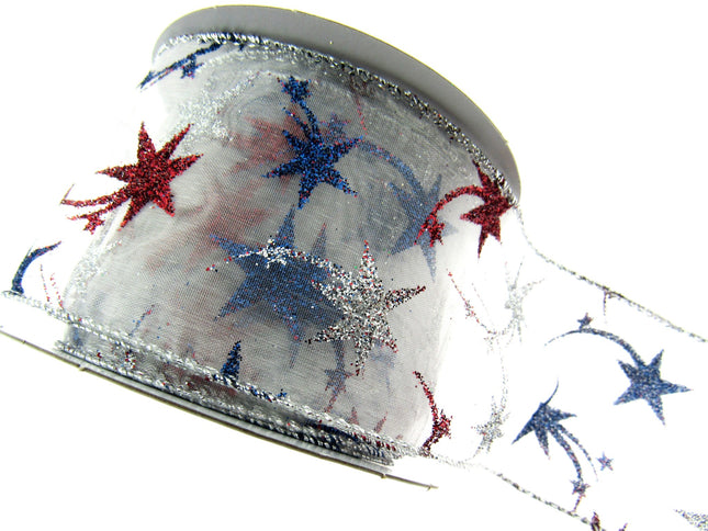 White Wired Lurex Edge Sheer Christmas Ribbon with Shooting Stars - 2m - 46057