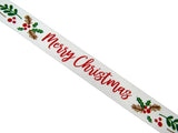 3m x White Merry Christmas Ribbon (15mm) with Holly & Berries 55115