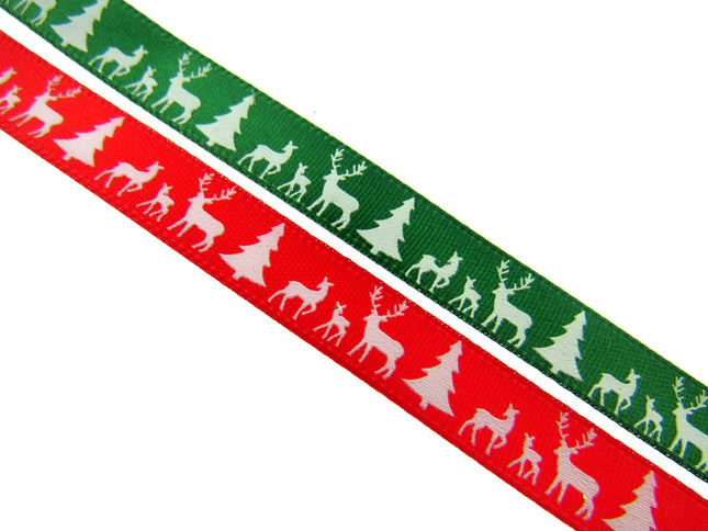 Reindeer Christmas Ribbon - 10mm - 10m Scandi Theme - Red or Green - 55111 - ThreadandTrimmings