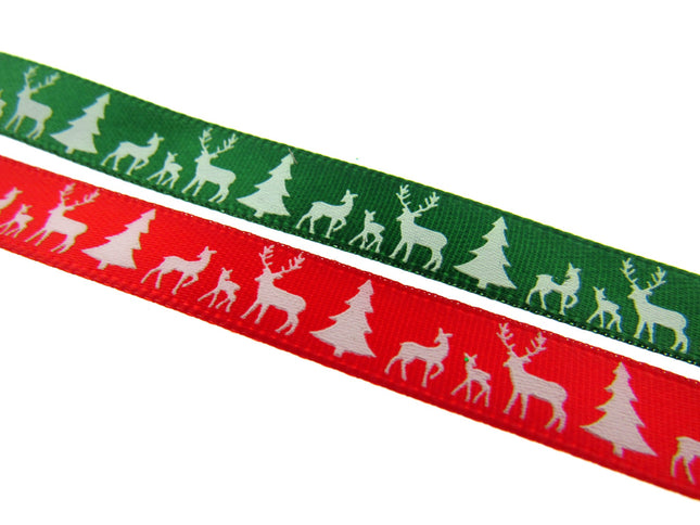 Reindeer Christmas Ribbon - 10mm - 10m Scandi Theme - Red or Green - 55111 - ThreadandTrimmings