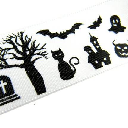 3m x White Halloween Ribbon with Haunted House, Witches & Tombstone 25mm  55084
