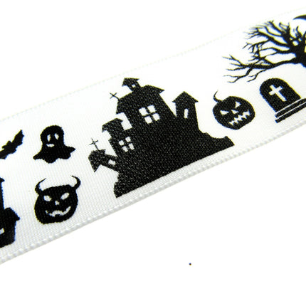 3m x White Halloween Ribbon with Haunted House, Witches & Tombstone 25mm  55084