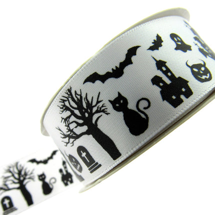 3m x White Halloween Ribbon with Haunted House, Witches & Tombstone 25mm  55084