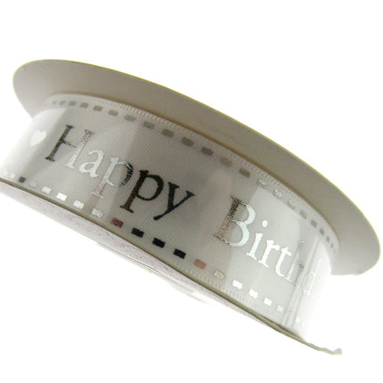 Happy Birthday Ribbon White Satin by Berties Bows - 3m x 25mm Ribbon Metallic
