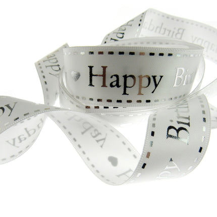 Happy Birthday Ribbon White Satin by Berties Bows - 3m x 25mm Ribbon Metallic