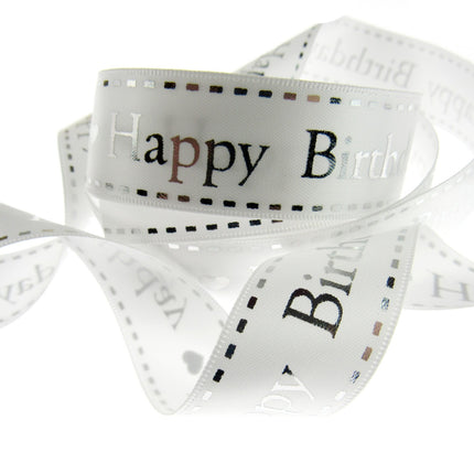 Happy Birthday Ribbon White Satin by Berties Bows - 3m x 25mm Ribbon Metallic