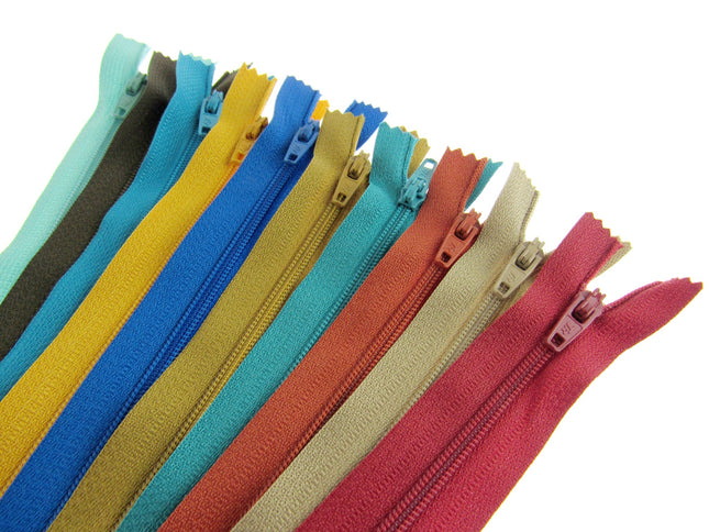 Nylon Closed End Zips - Egyptian Sample Mix - 10 Pack - 10 Sizes - 6" - 22" - ThreadandTrimmings